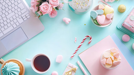 Bright and cheerful flatlay showcasing a desk setup with a laptop, cute sweets, and beautiful flowers, perfect for celebrating creativity and joy in a workspace.の素材