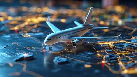 A detailed model airplane rests on a map illuminated by city lights at night, symbolizing travel and connectivity in an urban landscape. Perfect for aviation themes.の素材