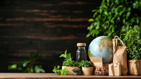 A cozy wooden table displays fresh herbs and eco-friendly items, including a globe, pot, and more. Perfect for themes of sustainability and healthy living.の素材