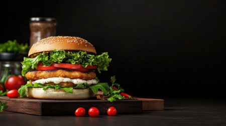 A mouthwatering crispy chicken burger layered with fresh lettuce and ripe tomatoes, beautifully presented on a rustic wooden board against a dark background. Enjoy!の素材