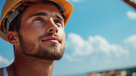 A young construction worker with a hard hat smiles confidently against a clear blue sky, showcasing optimism and determination in his profession.の素材