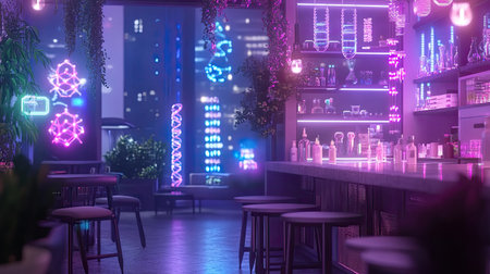 This stunning image showcases a futuristic bar interior illuminated by vibrant neon lights, lush plants, and an inviting atmosphere that epitomizes urban nightlife.の素材