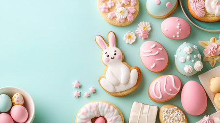 Brightly decorated Easter cookies featuring bunnies and eggs on a soft blue surface. Perfect for spring celebrations, showcasing delightful colors and sweet designs.の素材