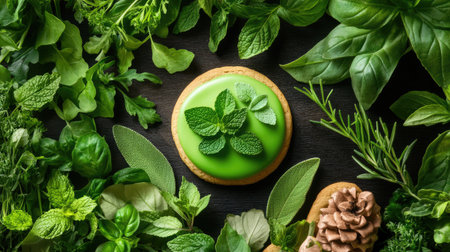 A vibrant green cookie adorned with fresh mint leaves, surrounded by an array of herbs and greenery. Perfect for food lovers, bakers, and nature enthusiasts.の素材