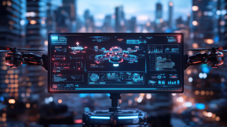 This image showcases a futuristic drone control interface with a vibrant cityscape in the background, emphasizing technology and innovation in urban environments.の素材