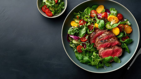 A beautifully arranged plate featuring grilled steak and a vibrant salad, highlighting fresh greens and colorful tomatoes, perfect for a gourmet meal.の素材