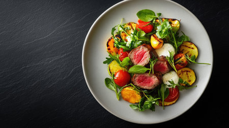 A vibrant plate featuring tender grilled vegetables and a succulent meat slice, showcasing colorful ingredients for an appetizing and nutritious meal.の素材