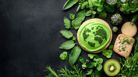 A vibrant green cookie designed to resemble the Earth, surrounded by fresh herbs like mint and rosemary. A beautiful representation of sustainability.の素材