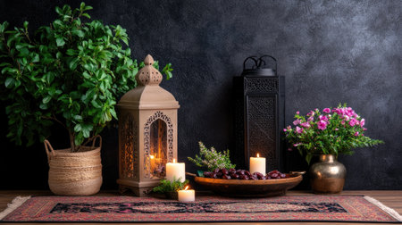 Beautiful decorative arrangement featuring lanterns, candles, and plants, creating a cozy and inviting atmosphere perfect for any indoor space or occasion.の素材