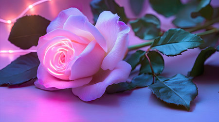 A stunning close-up of a soft pink rose glowing delicately against a gentle background. The composition highlights the beauty and elegance of nature, perfect for romantic themes.の素材