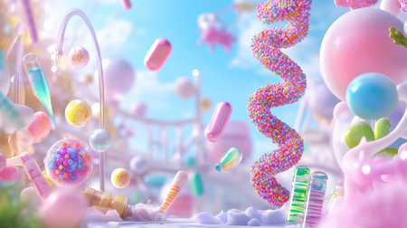 A whimsical and colorful landscape filled with candy-like elements and playful features, perfect for evoking feelings of joy and creativity in any project.の素材