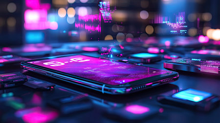 This image showcases a modern smartphone surrounded by vibrant digital devices. The futuristic aesthetic highlights neon colors and data visuals, embodying innovation and technology.の素材
