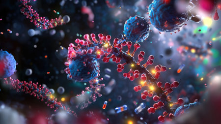 This vibrant digital illustration showcases the intricate structure of cellular components and molecular interactions, emphasizing the dynamic nature of biological processes.の素材