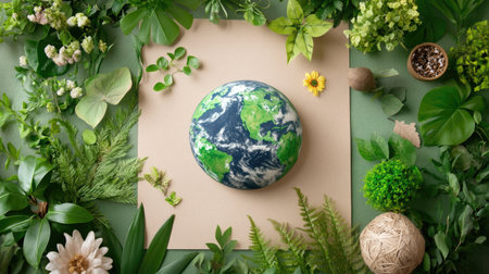 A vibrant earth globe sits among lush greenery and delicate flowers on a table, symbolizing nature's beauty and ecological harmony in a fresh arrangement.の素材