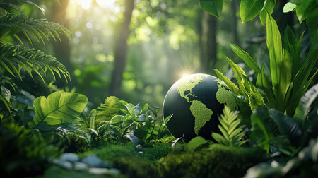 A captivating image of a globe nestled among lush green plants in a sunlit forest, symbolizing environmental beauty and harmony in nature.の素材