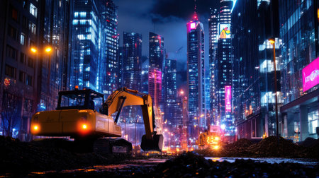 A vibrant urban night scene featuring an excavator on a construction site surrounded by illuminated skyscrapers and neon lights, showcasing modern city life.の素材