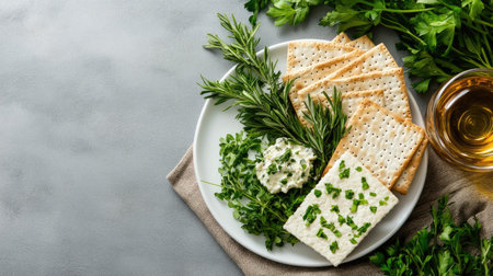 A visually appealing arrangement of fresh herbs, crackers, and creamy dip on a rustic white plate, perfect for appetizers or healthy snacking options.の素材