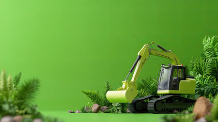 An excavator machine showcases its functionality amid vibrant greenery, capturing the harmony between industry and nature. Perfect for construction or environmental themes.の素材