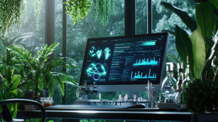 A vibrant workspace showcasing a computer with data analytics displayed, surrounded by lush green plants. This serene setting blends nature with technology, promoting creativity.の素材