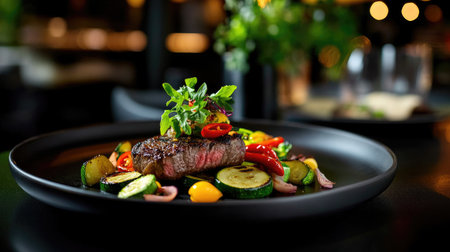 A beautifully presented grilled steak topped with fresh herbs and surrounded by vibrant vegetables on an elegant black plate, perfect for fine dining.の素材