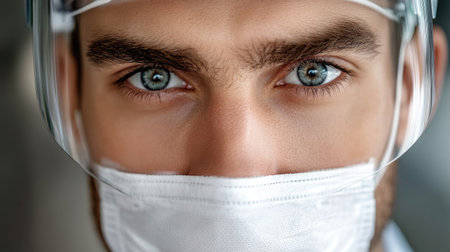Close-up of a healthcare professional wearing a mask and protective gear, showcasing intense focus and commitment to patient care in a clinical environment.の素材