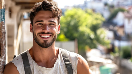 A cheerful young man smiles confidently outdoors, showcasing a relaxed lifestyle. The vibrant background adds energy and warmth to this uplifting portrait.の素材