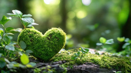 A vibrant heart shape made of lush green moss set against a backdrop of a tranquil forest, symbolizing love and environmental balance. Perfect for nature-themed projects.の素材