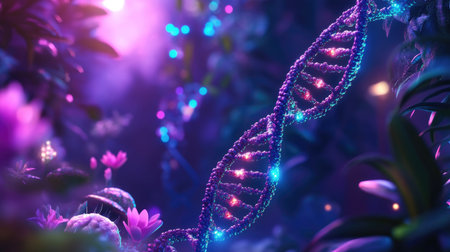 A mesmerizing and colorful representation of a glowing DNA strand intertwined with lush flora. The ethereal backdrop creates a surreal fusion of science and nature, showcasing the beauty of life.の素材