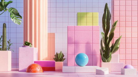 Vibrant geometric display featuring colorful shapes and indoor plants. This artistic arrangement showcases a modern aesthetic with pastel colors and textured backgrounds, perfect for decor inspiration.の素材