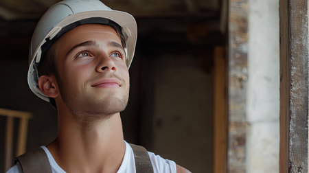 A young male construction worker with a helmet smiles thoughtfully while looking upwards. The photo captures a moment of positivity and determination in a renovation project.の素材