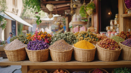 A vibrant market stall showcasing an array of dried flowers and spices in woven baskets. The colorful display attracts visitors, highlighting local ingredients.の素材
