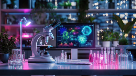 A modern laboratory scene featuring a microscope and digital display. The vibrant setup showcases scientific research with colorful visuals and clean glassware, ideal for innovation and experimentation.の素材