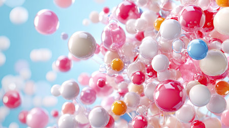 This colorful abstract image showcases a striking molecular structure filled with glossy bubbles and spheres, creating a vibrant and dynamic visual effect.の素材