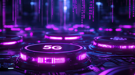 This digital artwork showcases a futuristic concept featuring 5G network circles with vibrant neon lighting and flowing data. Perfect for tech-related visuals.の素材