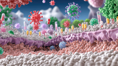 This vibrant illustration depicts a microscopic world filled with various viruses and cells. It serves as a stunning visualization of biological elements interacting in a complex environment.の素材