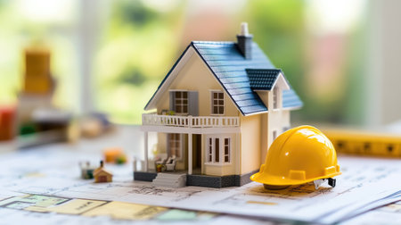A vibrant miniature house model sits on top of detailed construction plans, accompanied by a bright yellow hard hat, symbolizing safety and building projects.の素材