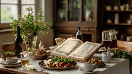 A beautiful dining table adorned with an open recipe book, various delicious foods, and elegant wine, perfect for a cozy meal with friends or family.の素材