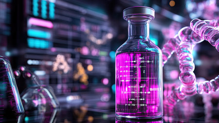 Colorful laboratory scene featuring a glowing glass flask filled with vibrant liquid, surrounded by dynamic digital graphics. Ideal for science and technology themes.の素材