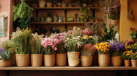 A vibrant display of fresh flowers in rustic baskets adorns a charming shop. This image captures the essence of nature and beauty, perfect for decor inspiration.の素材