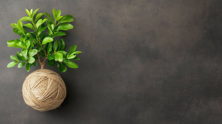 This image showcases a decorative indoor plant with lush green leaves resting on a twine ball, set against a dark textured background, perfect for nature-inspired design.の素材