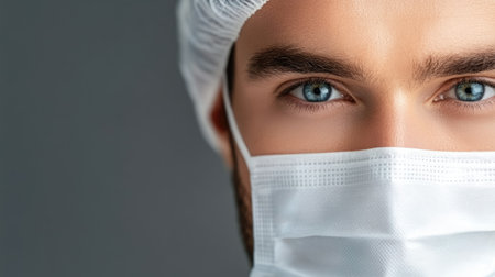 Close-up portrait of a medical professional wearing a protective mask and cap. The individual exhibits a serious expression, emphasizing safety and hygiene in healthcare environments.の素材