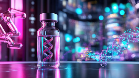 A clear glass vial containing a colorful DNA strand is displayed against a vibrant and futuristic digital backdrop. Perfect for biotechnology themes.の素材