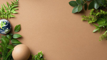 Discover a harmonious arrangement of leaves, a globe, and natural elements on a textured background, perfect for eco-friendly themes and design inspiration.の素材