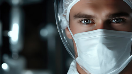 A close-up portrait of a male medical professional wearing protective gear and a mask, conveying focus and determination in a healthcare setting.の素材