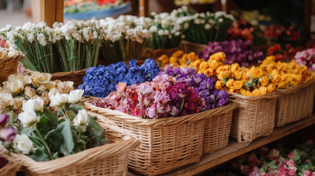 A vibrant display of colorful flower baskets at a market, showcasing fresh blooms in various hues. Perfect for nature lovers and floral enthusiasts.の素材