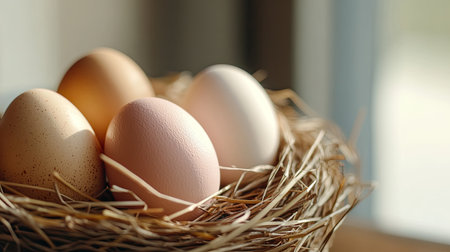 A serene display of freshly laid eggs nestled in a natural straw nest, capturing the essence of rustic charm and natural beauty. Perfect for farm-themed aesthetics.の素材