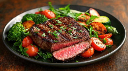 Indulge in a mouthwatering grilled steak served with vibrant vegetables. This delicious meal showcases the perfect blend of flavors and freshness.の素材