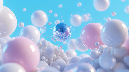 Colorful 3D spheres float in a soft blue background, creating an abstract and vibrant atmosphere. Perfect for various design projects and artistic concepts.の素材