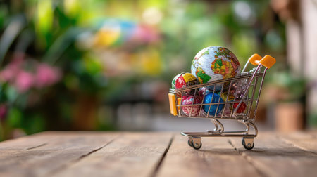 A shopping cart filled with a globe and colorful candies sits on a wooden table, symbolizing travel and consumerism in a vibrant setting. Perfect for celebrations and marketing!の素材