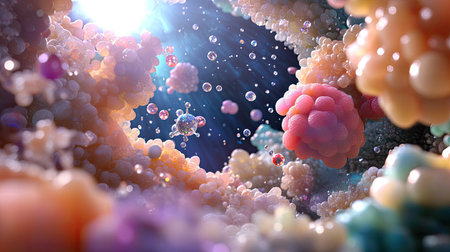 A stunning abstract representation showcasing colorful microscopic life within a vibrant fluid environment, filled with luminous bubbles and organic shapes.の素材